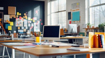 Poster - A modern office space with desks, computers, and colorful post-it notes on the wall.
