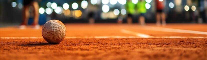 Poster - A close-up of a tennis ball on a clay court with blurred players in the background.