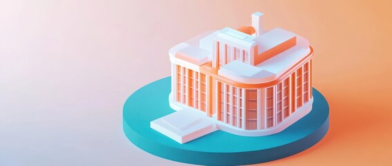 Poster - A stylized 3D model of a modern building on a circular base with soft gradient background.