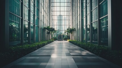 Poster - A modern glass atrium with greenery and a sleek pathway, inviting exploration and tranquility.