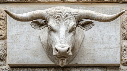 Poster - A detailed sculpture of a bull's head mounted on a stone wall.