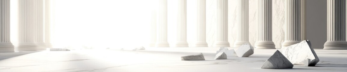 Poster - A serene space with light illuminating broken marble fragments amidst classical columns.