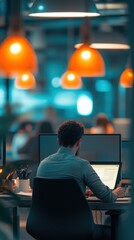 Leinwandbilder - A person working at a computer in a modern office with warm lighting.