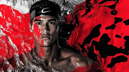 Poster - A striking portrait of a male athlete submerged in water, with bold red and black elements.