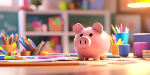 Aufkleber - A pink piggy bank surrounded by colorful stationery in a bright study space.