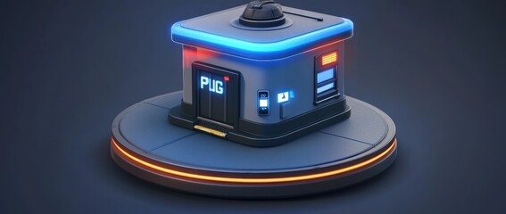 Poster - A futuristic building with glowing accents, likely a tech or gaming hub.