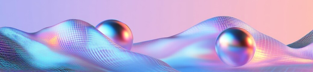 Poster - Abstract digital landscape with colorful waves and reflective spheres.
