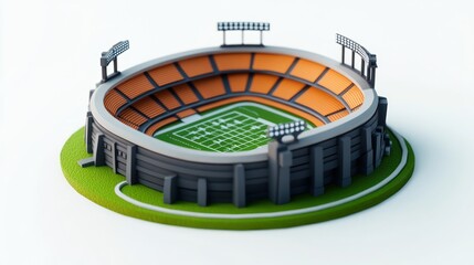 Aufkleber - A 3D model of a sports stadium with seating and a football field.
