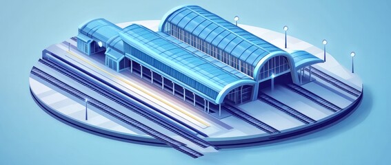 Poster - A stylized train station with modern architecture and tracks.