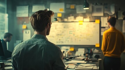 Poster - A team collaborates in a creative workspace, analyzing ideas on a whiteboard filled with notes.