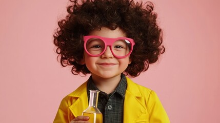 Poster - A cheerful child in a yellow lab coat and pink glasses holds a flask, smiling against a pink background.