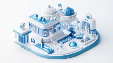 Aufkleber - A stylized, modern architectural structure in blue and white, featuring various functional spaces.