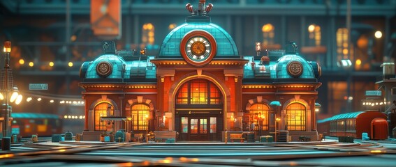 Poster - A vibrant train station with a classic architectural design and colorful lighting.