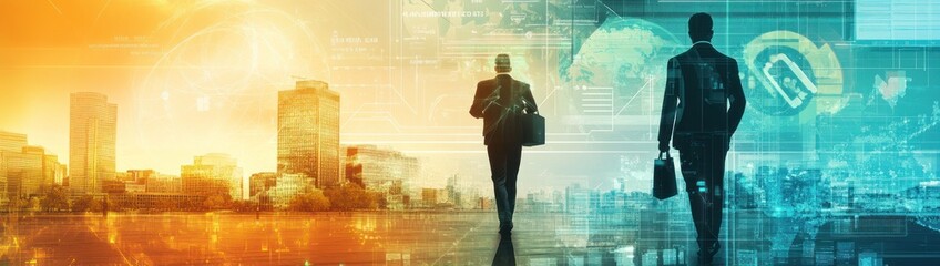 Poster - Business professionals walking towards a digital cityscape, symbolizing innovation and progress.