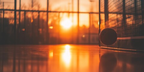Poster - A basketball rests on a polished court as the sun sets, casting warm light through the net.