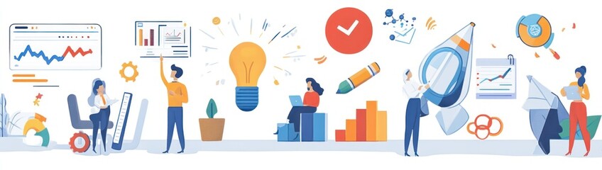 Poster - A vibrant illustration depicting teamwork, creativity, and data analysis in a business environment.