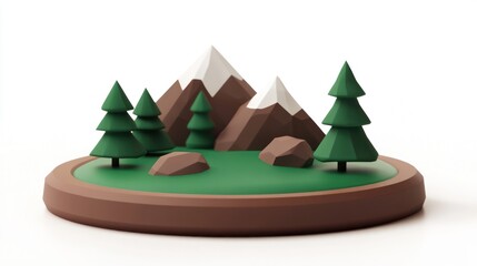 Poster - A stylized 3D landscape featuring mountains, trees, and rocks on a circular base.
