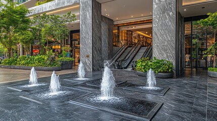 Poster - Modern entrance with water features and greenery, inviting visitors into the building.
