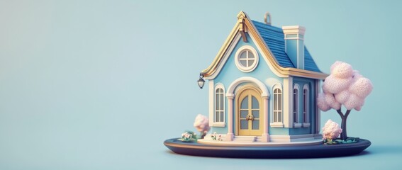 Poster - A whimsical, colorful miniature house with trees on a display base against a soft background.