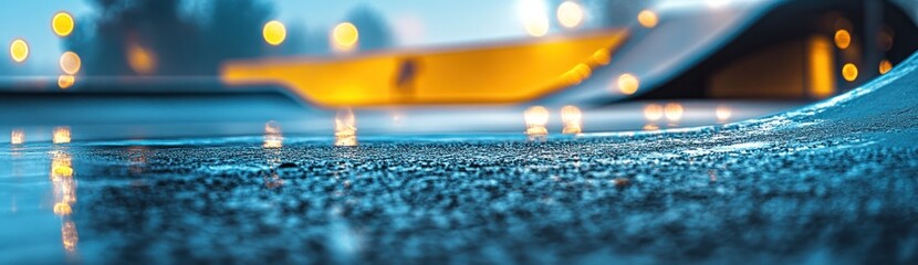 Poster - A serene urban scene with reflections on a wet surface, illuminated by soft lights.