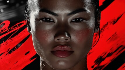 Aufkleber - A close-up portrait of a woman with striking features against a dynamic red background.