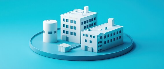Poster - A minimalist 3D representation of industrial buildings on a circular base.