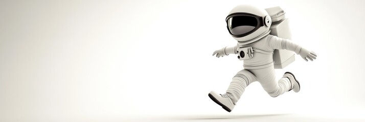 Poster - A playful astronaut character running on a minimalist background.