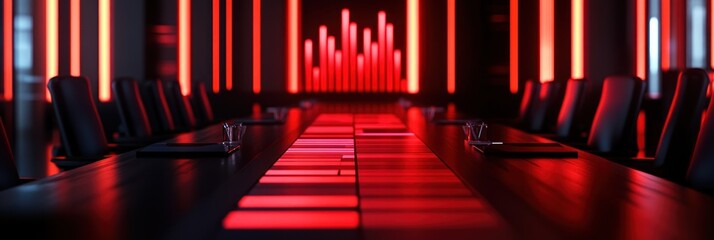 Poster - A modern conference room illuminated with red lighting, ideal for meetings and discussions.