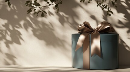 Poster - A decorative gift box with a ribbon, casting shadows from nearby foliage.
