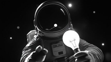 Poster - An astronaut holding a light bulb in space, symbolizing innovation and ideas.