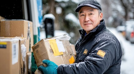 Poster - A delivery person handling packages in a snowy environment.