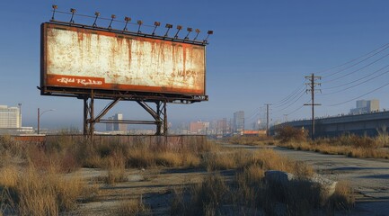 Poster - An abandoned billboard stands in a desolate urban landscape with overgrown vegetation.