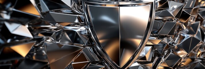 Leinwandbilder - A metallic shield set against a backdrop of angular, reflective surfaces.