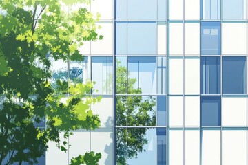 Poster - A modern building facade with large windows and greenery in the foreground.