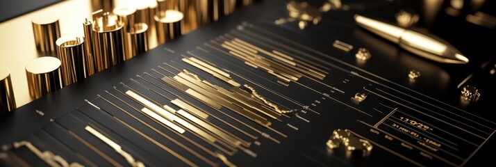 Aufkleber - A sleek black and gold design featuring data visualizations and a pen, suggesting sophistication.