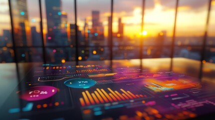Poster - A futuristic digital dashboard displaying data analytics against a city skyline at sunset.