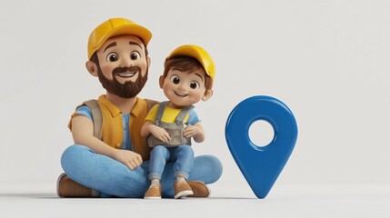 Poster - A cheerful father and son pose together beside a blue location pin icon, symbolizing guidance.