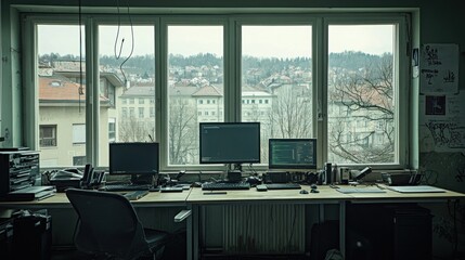 Aufkleber - A workspace featuring computer monitors and a view of a cityscape through large windows.