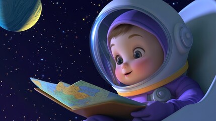 Poster - A joyful baby astronaut reads a map in space, surrounded by stars and planets.