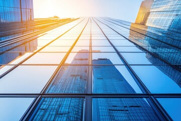 Aufkleber - a low-angle view of modern skyscrapers reflecting sunlight and surrounding buildings.