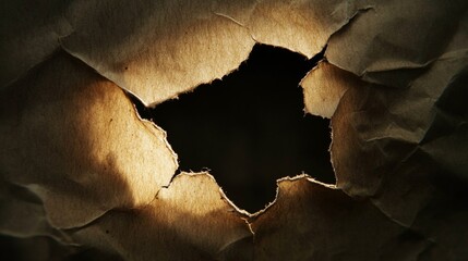 Poster - Mysterious light through torn paper indoor artistic photography dimly lit space close-up concept of discovery