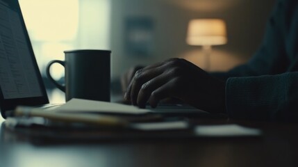 Poster - A person's hands typing on a laptop, with a coffee cup and notes on a desk.