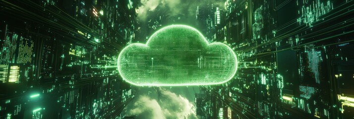Aufkleber - A futuristic representation of cloud computing with digital elements and a glowing cloud symbol.