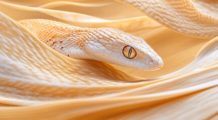 Poster - A close-up of a light-colored snake resting on soft, flowing fabric.