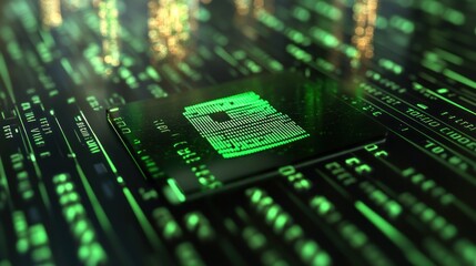 Aufkleber - A close-up view of a microchip surrounded by digital data streams in green tones.