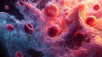 Poster - Dynamic cellular interaction simulation science lab digital art abstract environment close-up view microbial concepts for research