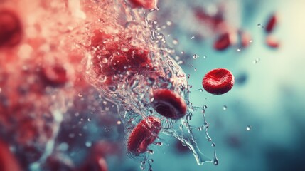 Poster - Dynamic visualization of blood cells in motion scientific exploration digital art laboratory setting close-up view health concept