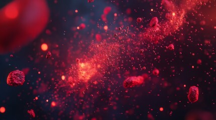 Poster - Dynamic red particle flow abstract space digital art cosmic environment close-up view science visualization