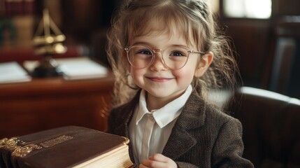 Aufkleber - A young girl in glasses and a suit smiles while holding a book in a cozy office setting.