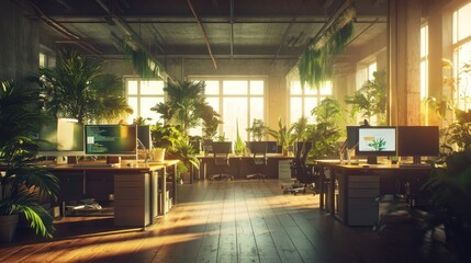 Aufkleber - A sunlit office filled with greenery, promoting a vibrant work environment.